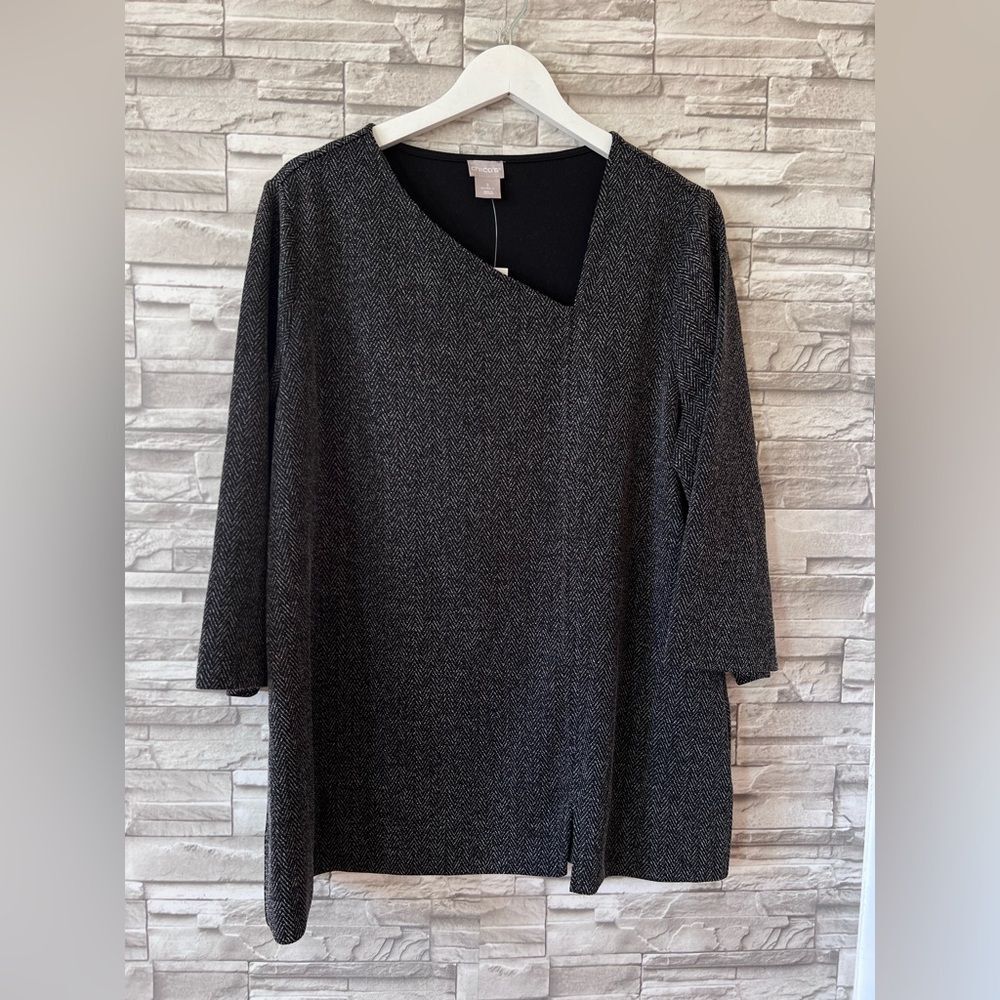 Chico’s Asymmetrical Knit Tunic 3/4 Sleeve Herringbone Pattern Black White NWT